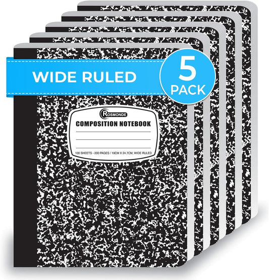 Composition Notebook Wide Ruled 5 Pack, 200 Pages (00 Sheets), 9-3/4 X 7-/2, Back to School Supplies