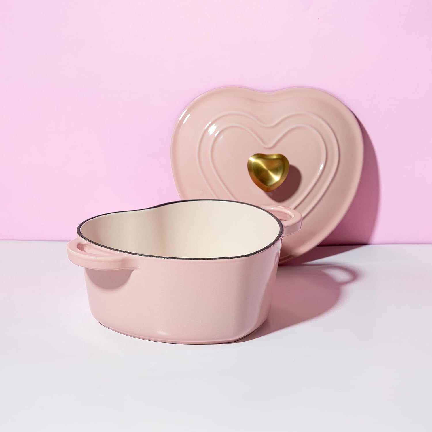 Enameled Cast Iron Dutch Oven Heart-Shaped Pot with Lid, Dual Handles, Works on All Stovetops, Oven Safe to 500°F, 2-Quart, Pink