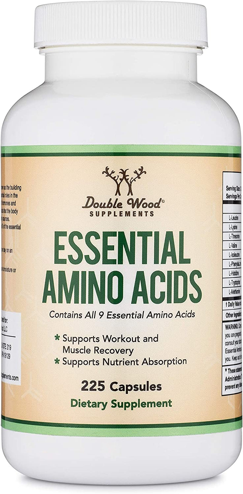 Essential Amino Acids - 1 Gram per Serving Powder Blend of All 9 Essential Aminos (EAA) and All Branched-Chain Aminos (Bcaas) (Leucine, Isoleucine, Valine) 225 Capsules, Gluten Free by Double Wood