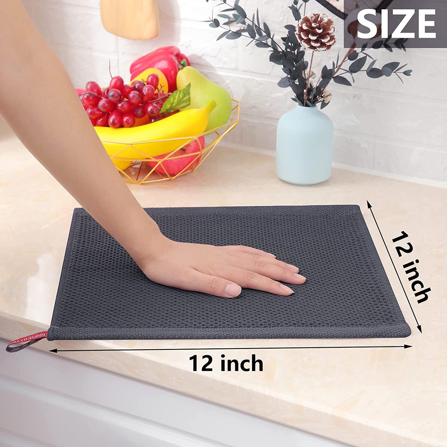 100% Cotton Waffle Weave Kitchen Dish Cloths, Ultra Soft Absorbent Quick Drying Dish Towels, 12X12 Inches, 6-Pack, Dark Grey