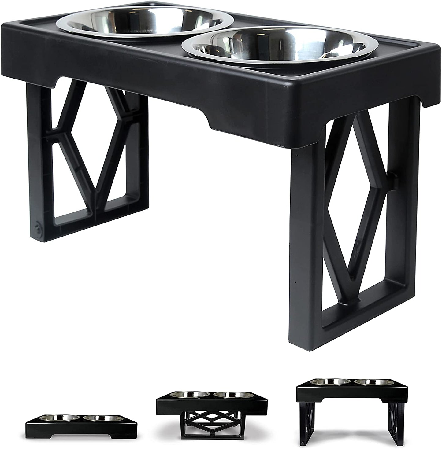 Elevated Dog Bowls Designer Diner 3 Height Adjustable Raised Dog Bowl Stand with 2 Stainless Steel Dog Bowls (7 Cup Capacity Each)