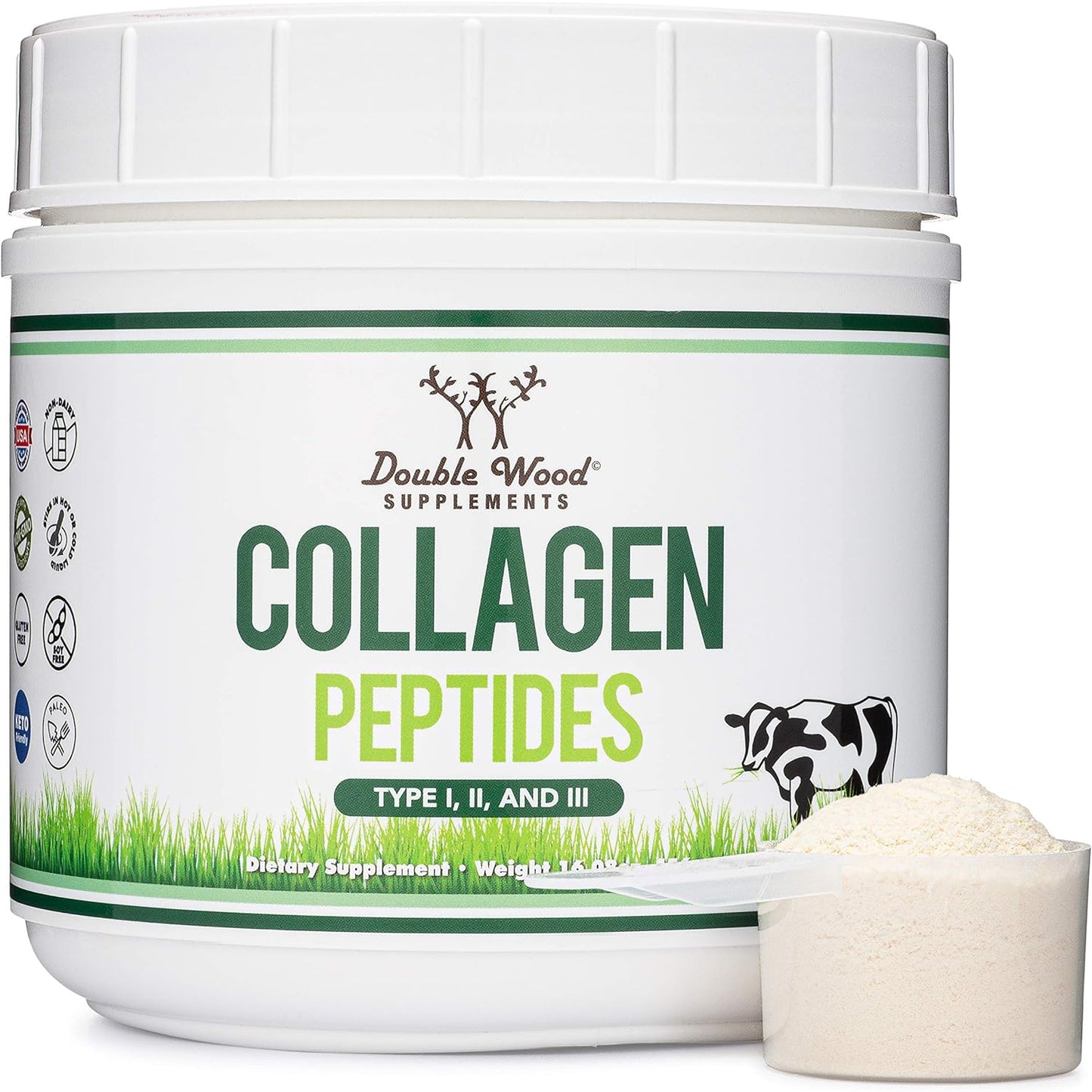 Collagen Peptides Powder - Hydrolyzed Collagen, Keto Safe - 16.08Oz - Multi Type 1, 2, and 3 (Grass Fed Bovine Source)(Colageno Hidrolizado) Collagen Supplements for Women and Men by Double Wood