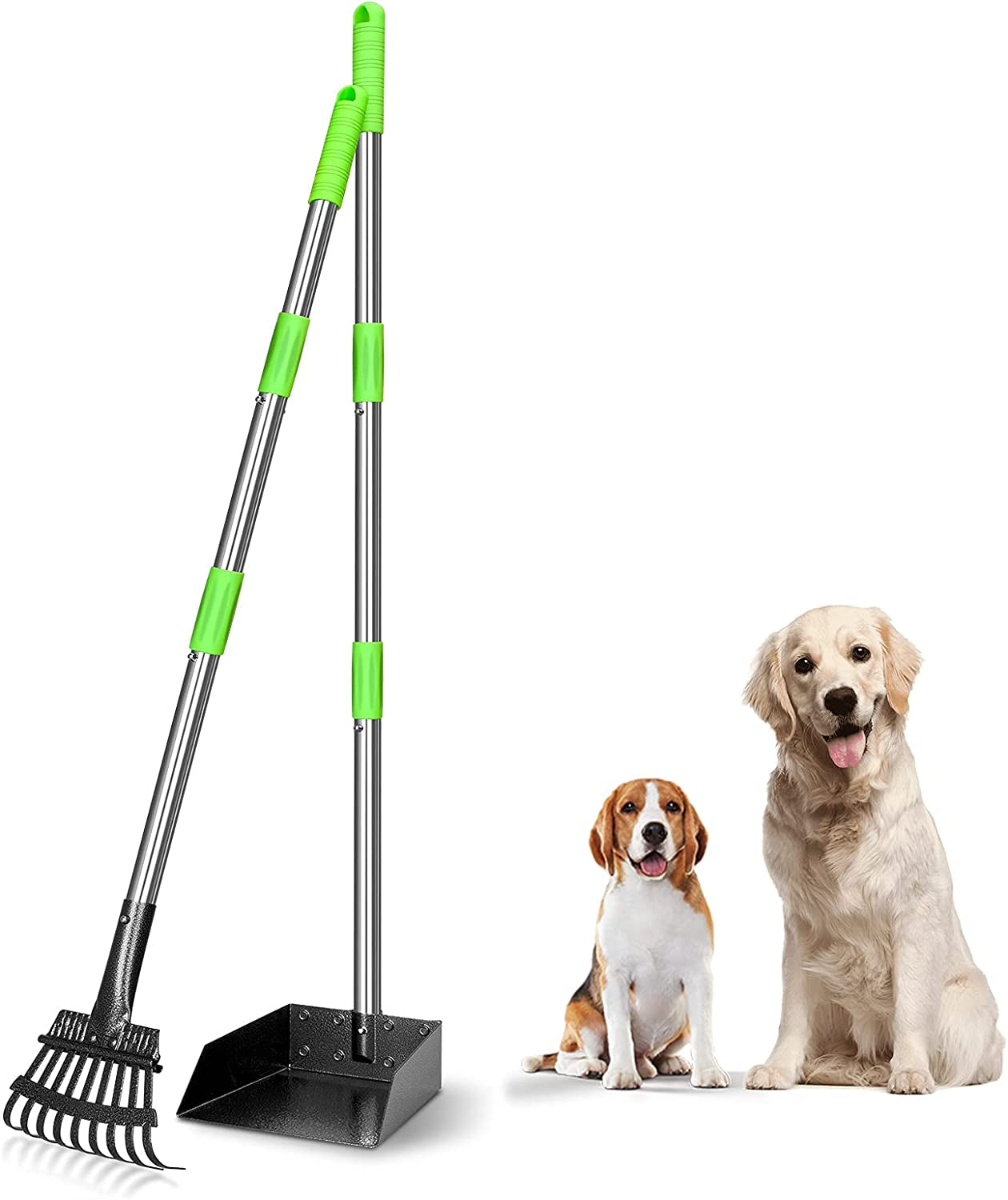 Dog Pooper Scooper Long Handle Stainless Metal Tray and Rake