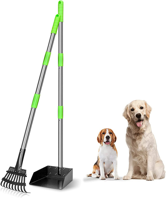 Dog Pooper Scooper Long Handle Stainless Metal Tray and Rake