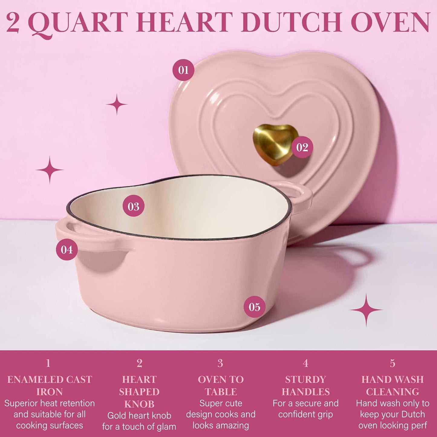 Enameled Cast Iron Dutch Oven Heart-Shaped Pot with Lid, Dual Handles, Works on All Stovetops, Oven Safe to 500°F, 2-Quart, Pink