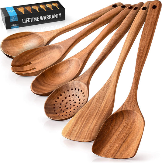 6-Piece Wooden Spoons for Cooking - Smooth Finish Teak Wooden Utensils for Cooking - Soft Comfort-Grip Wood Spoons for Cooking - Non-Stick Wooden Cooking Utensils - Wooden Spoon Sets