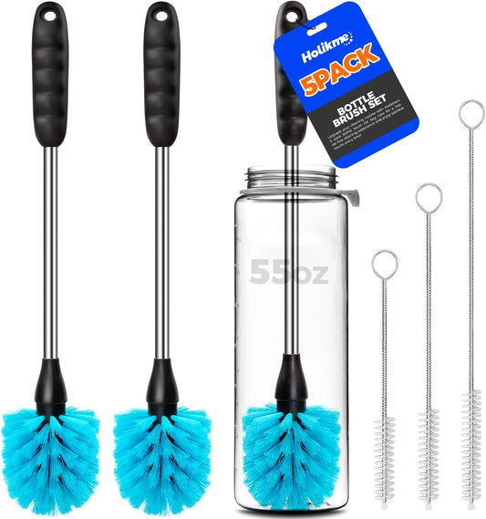 5 Pack Bottle Brush Cleaner Set, 14" Long Handle Stainless Steel Bottle Cleaner Brush, 3 Straw Brushes, Bottle Cleaning Brush for Water Bottle, Cups, Baby Bottle, Straws Blue