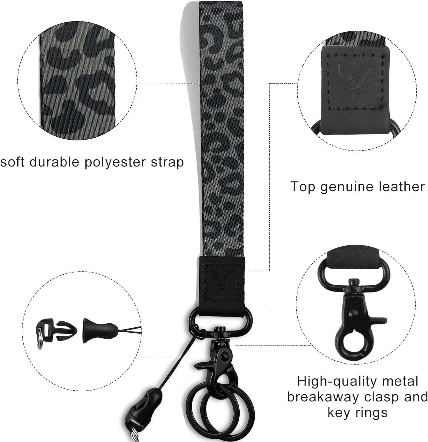 Cute Wrist Lanyard for Keys, Keychain, Wallet, Id Holder, Cell Phone, Wristlet Lanyard Key Chain Holder（Black Leopard）