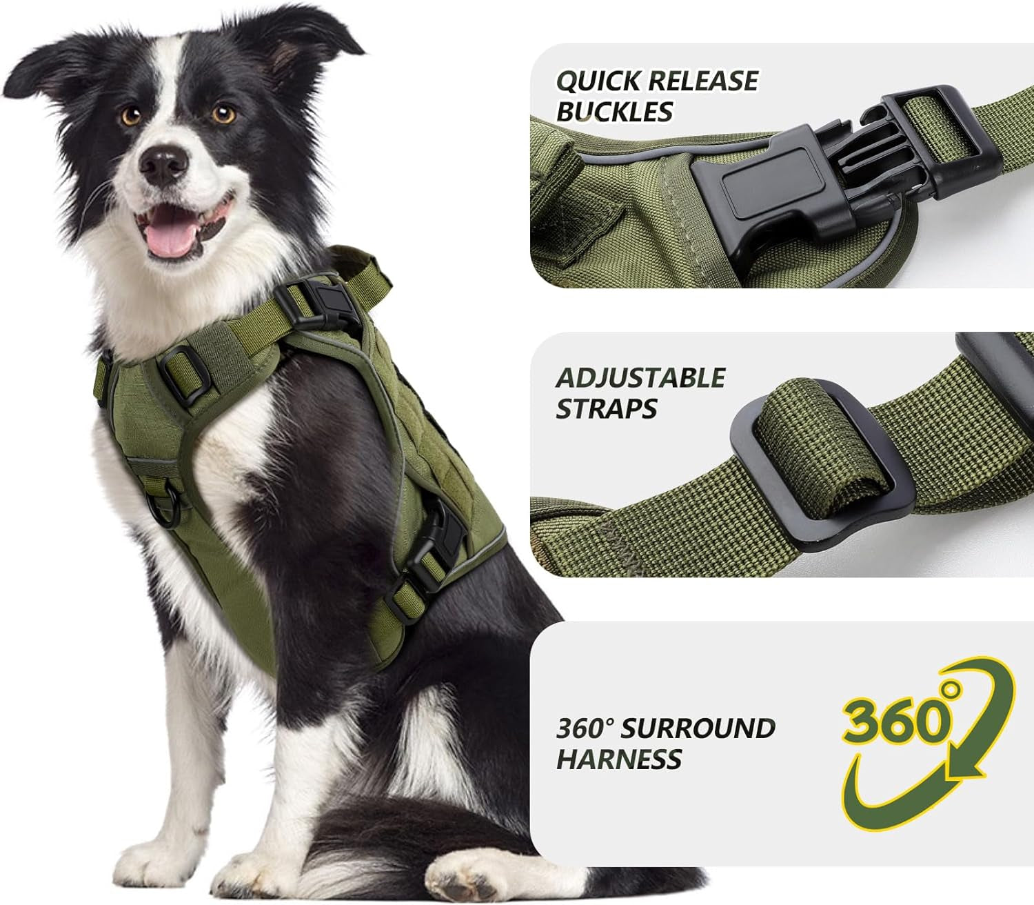 Green Harness with Handle Tactical Dog Harness for Large Dogs No Pull Adjustable Reflective K9 Military Dog Vest Harnesses with Easy Control Handle and Hook & Loop Pa(Xl)