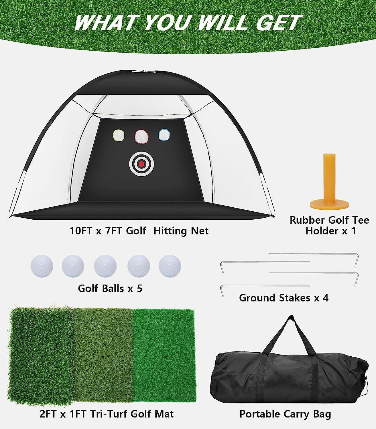 Golf Net, 10X7Ft Golf Practice Net with Tri-Turf Golf Mat, All in 1 Home Golf Hitting Aid Nets for Backyard   