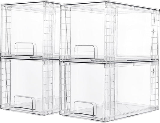 4 Pack Large Stackable Storage Drawers,Clear Acrylic Drawer Organizers with Handles