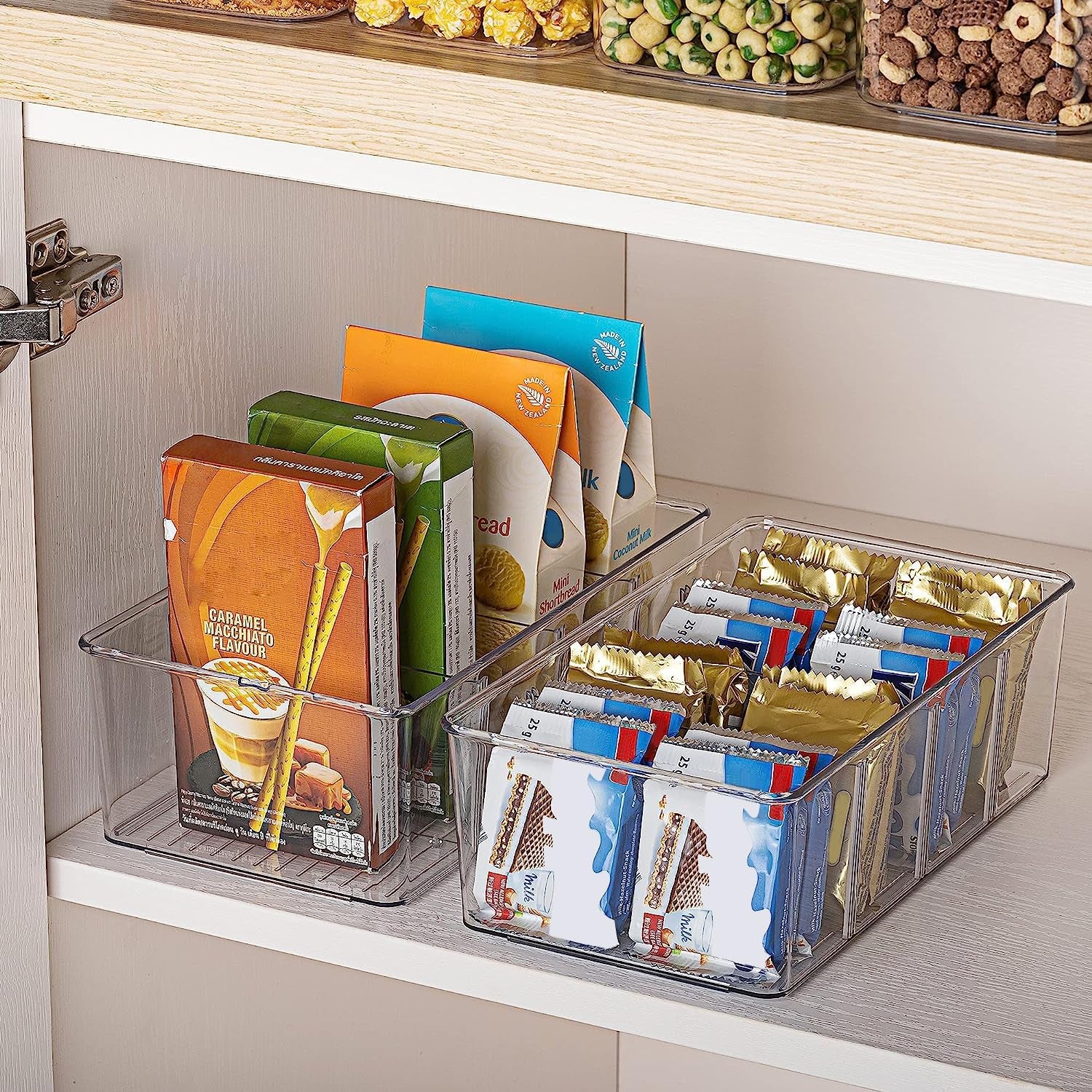 4 Pack Food Storage Organizer Bins, Clear Plastic Bins for Pantry, Kitchen, Fridge, Cabinet Organization and Storage, 4 Compartment Holder Packets, Snacks, Pouches, Spice Packets