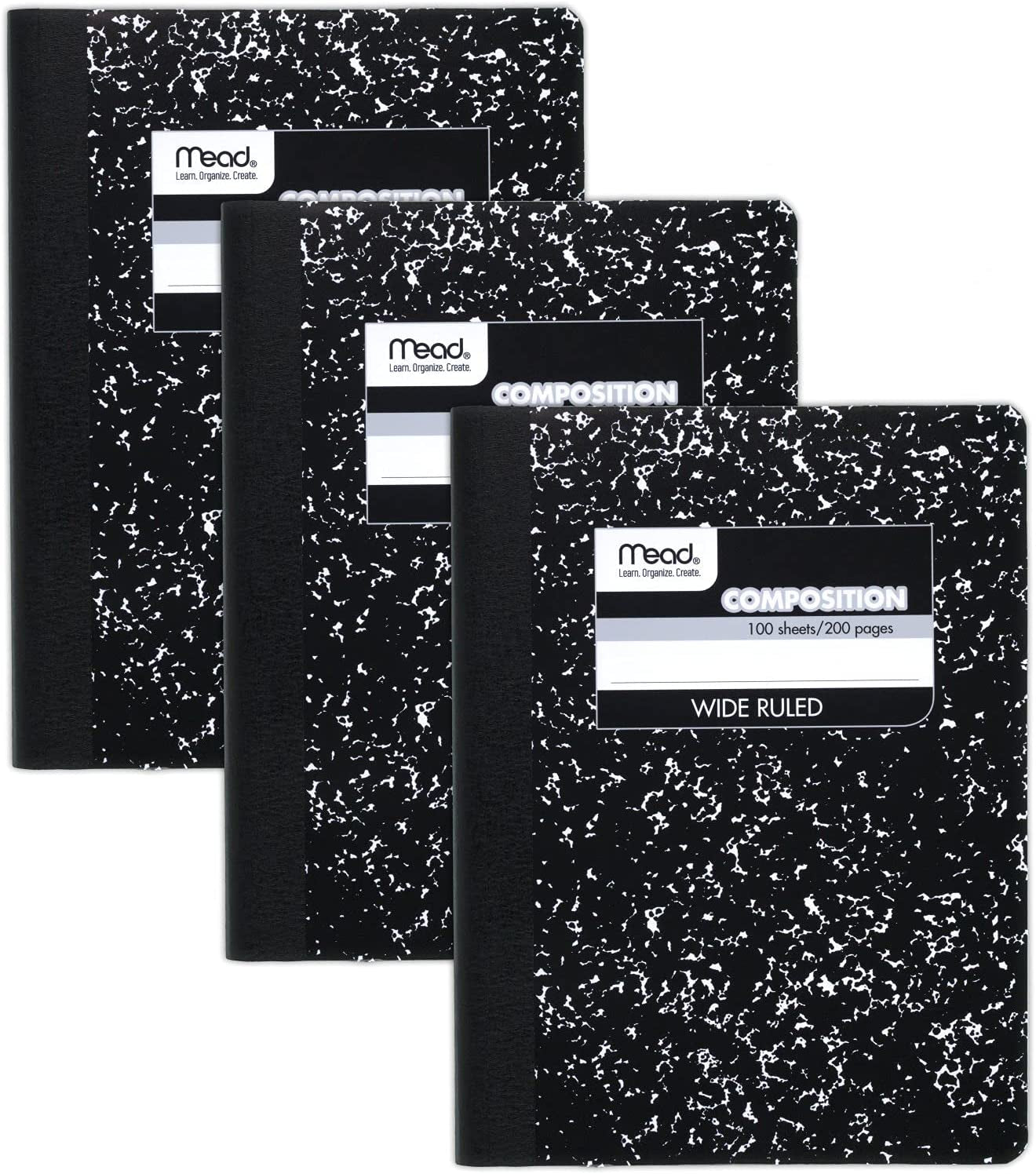 Composition Notebooks, 3 Pack, Wide Ruled Paper, 9-3/4" X 7-1/2", 100 Sheets per Comp Book, Black Marble 