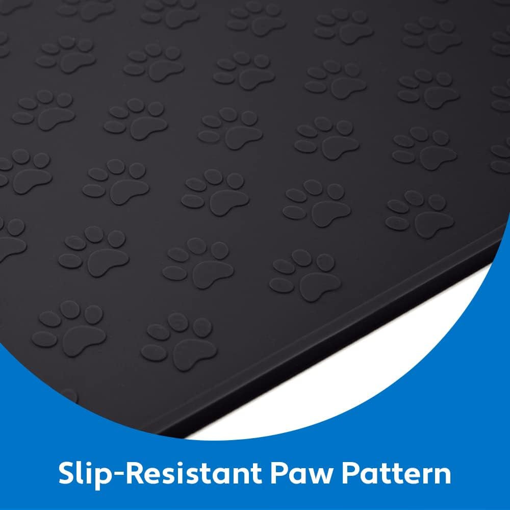 100% Waterproof Dog Food Mat, Raised Edges Silicone Pet Feeding Placemat for Cat, Dogs, Pet Bowls, High Lipped Tray Prevents Water Spills, Food on Floor, Dishwasher Safe, 22X14, Black