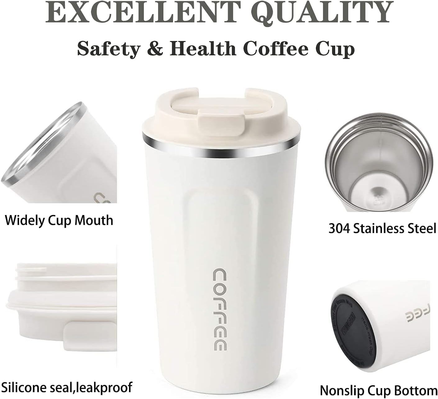 Insulated Coffee Mug with Lid, 18Oz Vacuum Stainless Steel Tea Tumbler Cup, Durable Double Wall Leak-Proof (White)