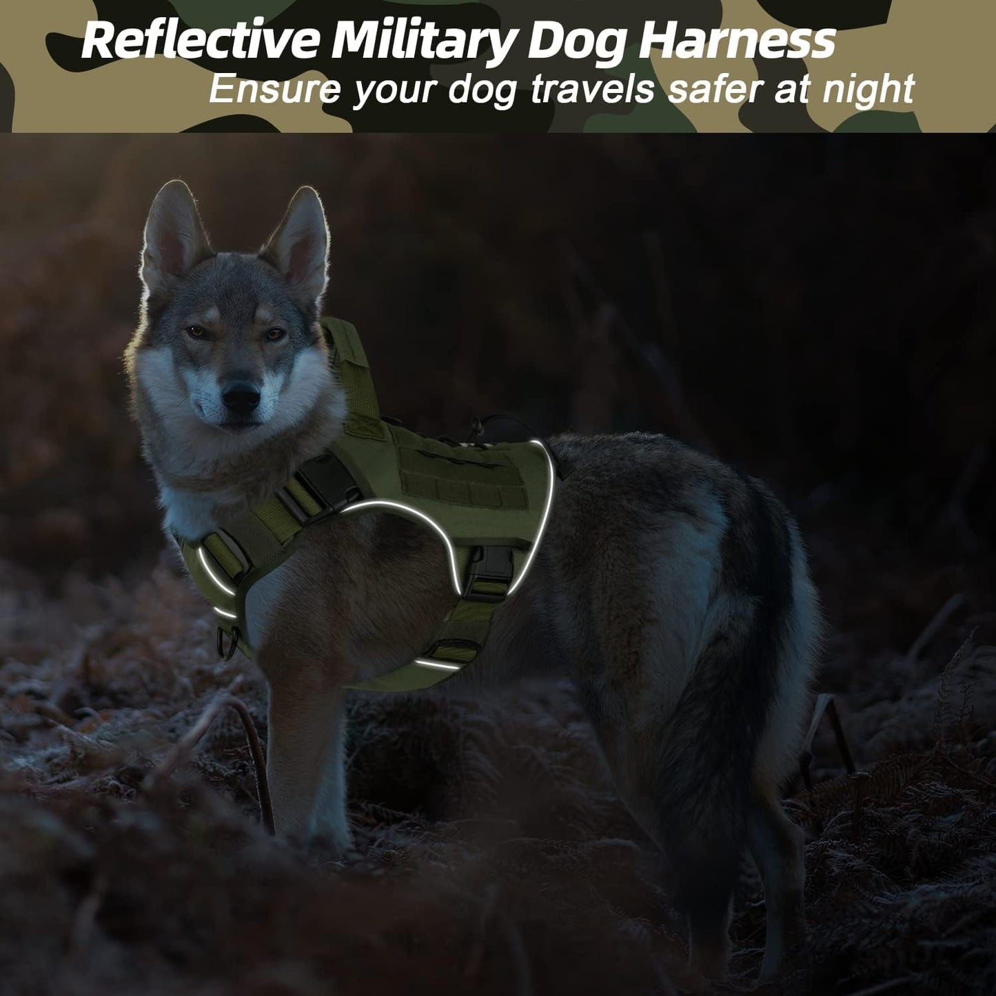 Green Harness with Handle Tactical Dog Harness for Large Dogs No Pull Adjustable Reflective K9 Military Dog Vest Harnesses with Easy Control Handle and Hook & Loop Pa(Xl)