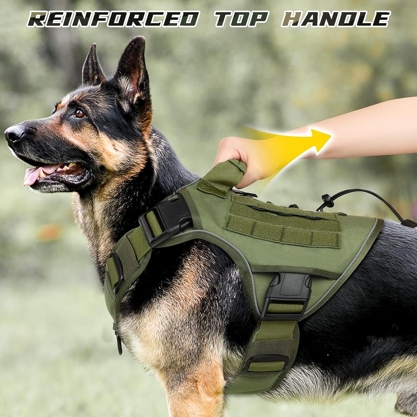 Green Harness with Handle Tactical Dog Harness for Large Dogs No Pull Adjustable Reflective K9 Military Dog Vest Harnesses with Easy Control Handle and Hook & Loop Pa(Xl)