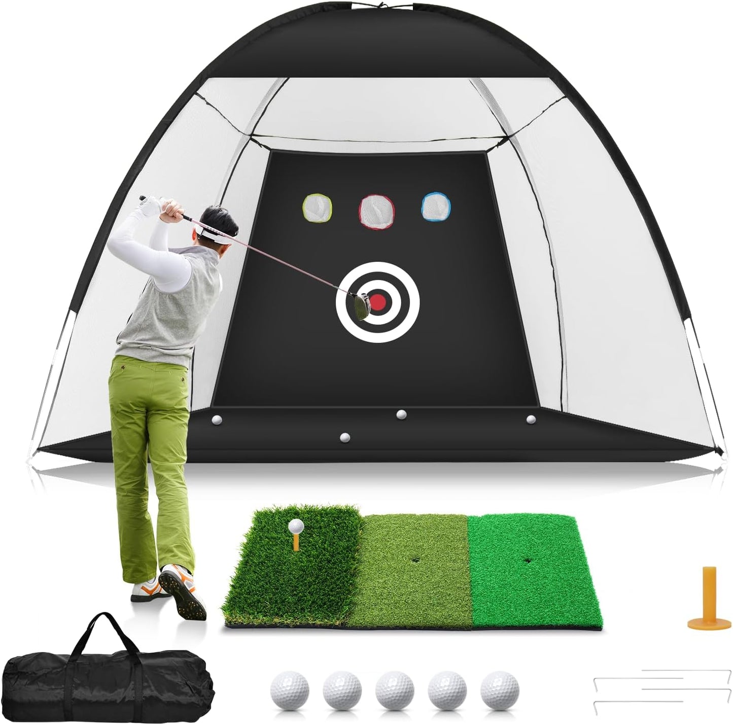 Golf Net, 10X7Ft Golf Practice Net with Tri-Turf Golf Mat, All in 1 Home Golf Hitting Aid Nets for Backyard   