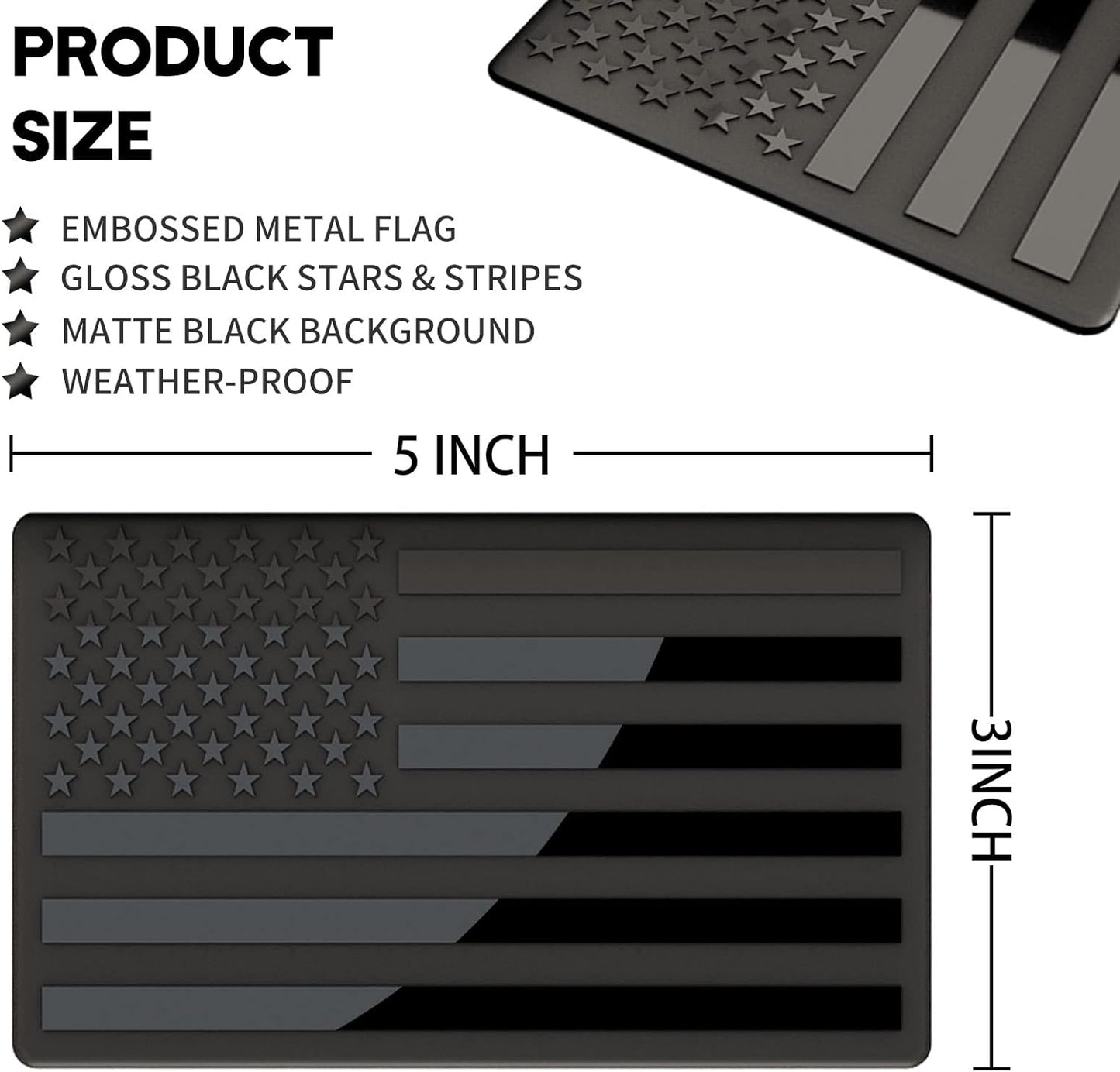 Embossed 3D Metal All Black American Flag Emblem Decal Stickers (1 Pair), Matte Black 5" X 3" Patriotic USA US Flag Car Decals Bumper Stickers for Truck, Window, Motorcycle, Support US Military