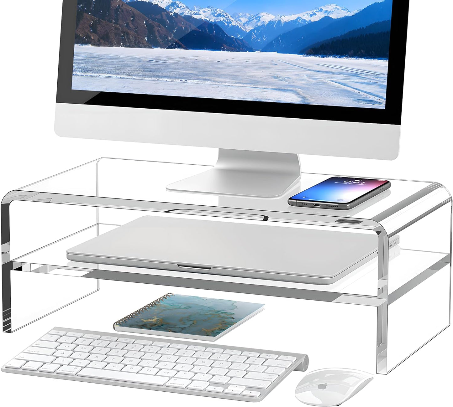 Clear Acrylic Monitor Stand Riser 2 Tier 5.12 Inches High Clear Computer Desk Organizer Shelf  Laptop