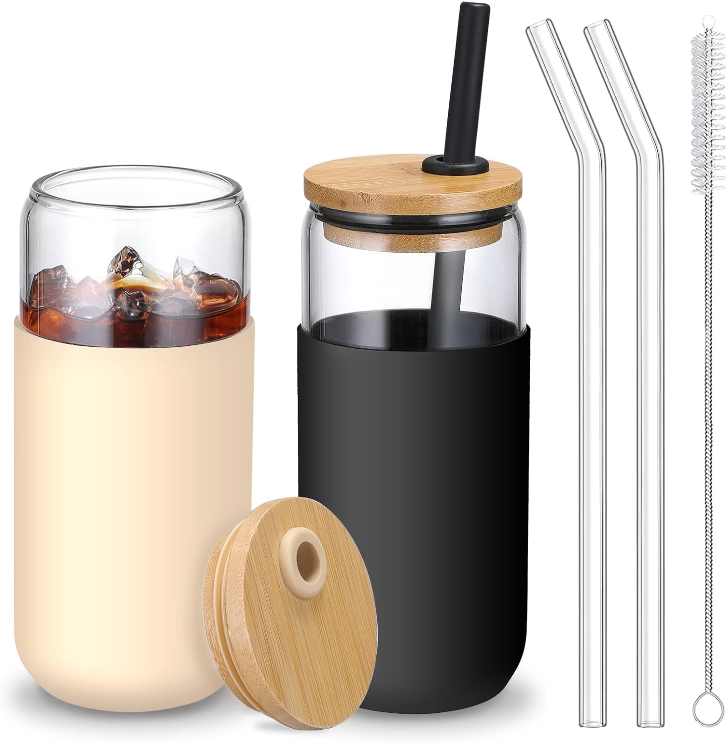 Glass Cups with Bamboo Lids and Straws