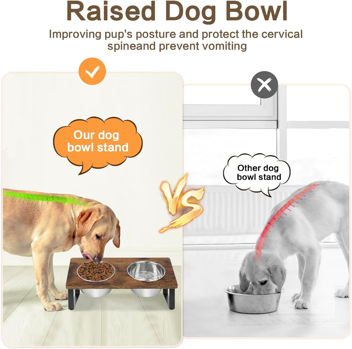 Elevated Dog Bowls for Small Medium Dogs, Wood Raised Dog Bowl Stand with 2 Stainless Steel Deep Bowls, Dog Food and Water Bowls, anti Vomit, Non-Slip Dogs Cats Feeding Dishes