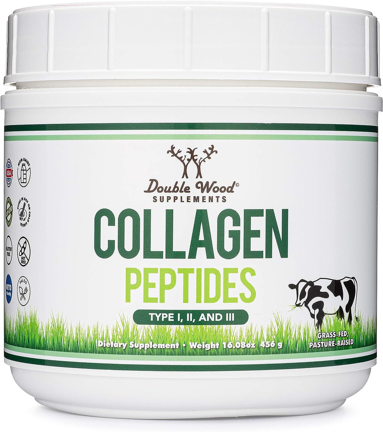 Collagen Peptides Powder - Hydrolyzed Collagen, Keto Safe - 16.08Oz - Multi Type 1, 2, and 3 (Grass Fed Bovine Source)(Colageno Hidrolizado) Collagen Supplements for Women and Men by Double Wood