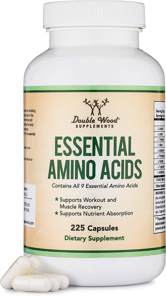 Essential Amino Acids - 1 Gram per Serving Powder Blend of All 9 Essential Aminos (EAA) and All Branched-Chain Aminos (Bcaas) (Leucine, Isoleucine, Valine) 225 Capsules, Gluten Free by Double Wood