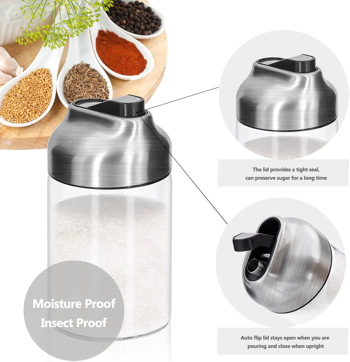 Glass Sugar Dispenser with Pour Spout, Weighted Pourer, for Coffee,Tea and Baking