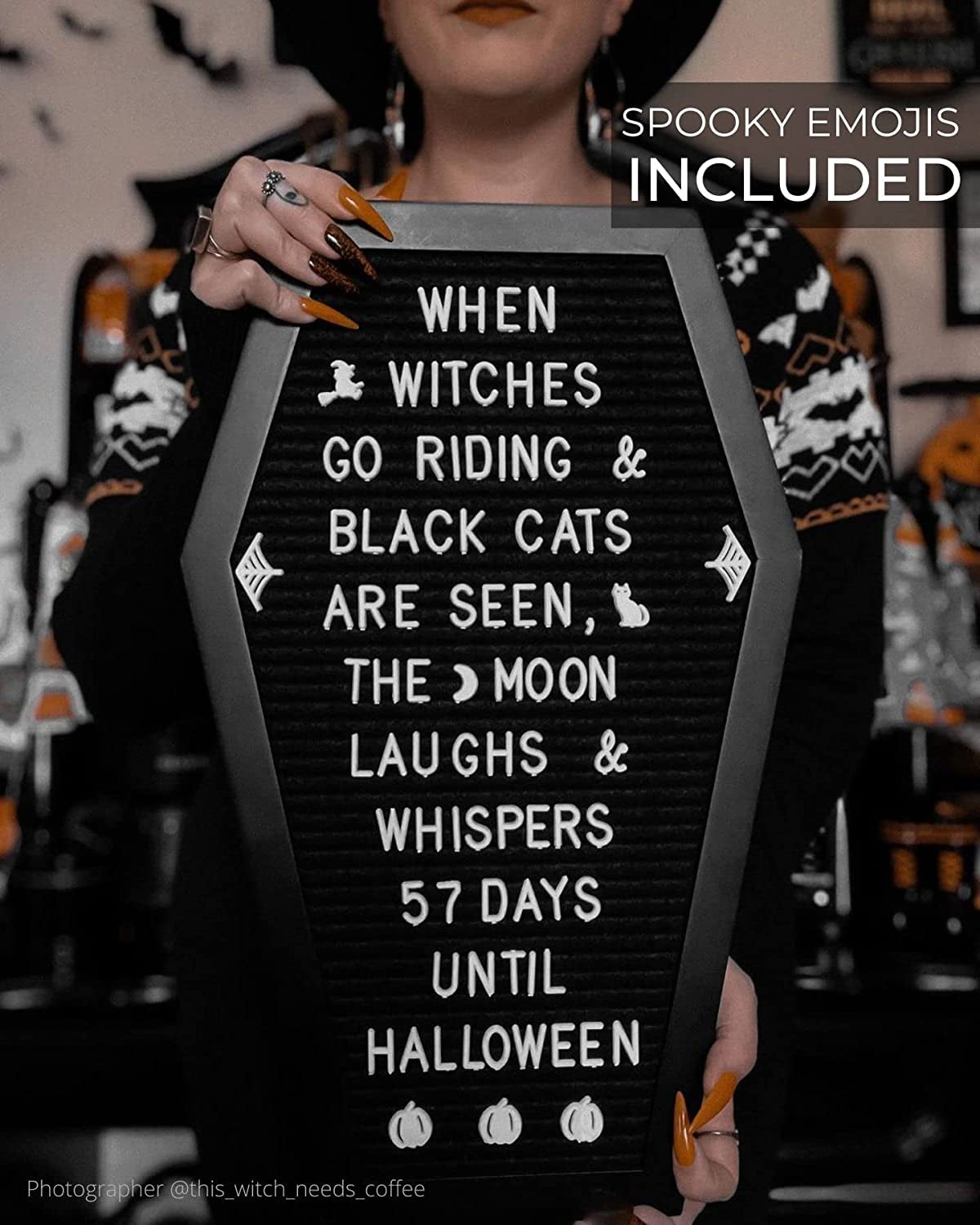 Coffin Letter Board Black with Spooky and All Seasons Emojis +500 Characters, and Wooden Stand - 17X10.5 Inches - Gothic Halloween Decor Spooky Gifts Decorations