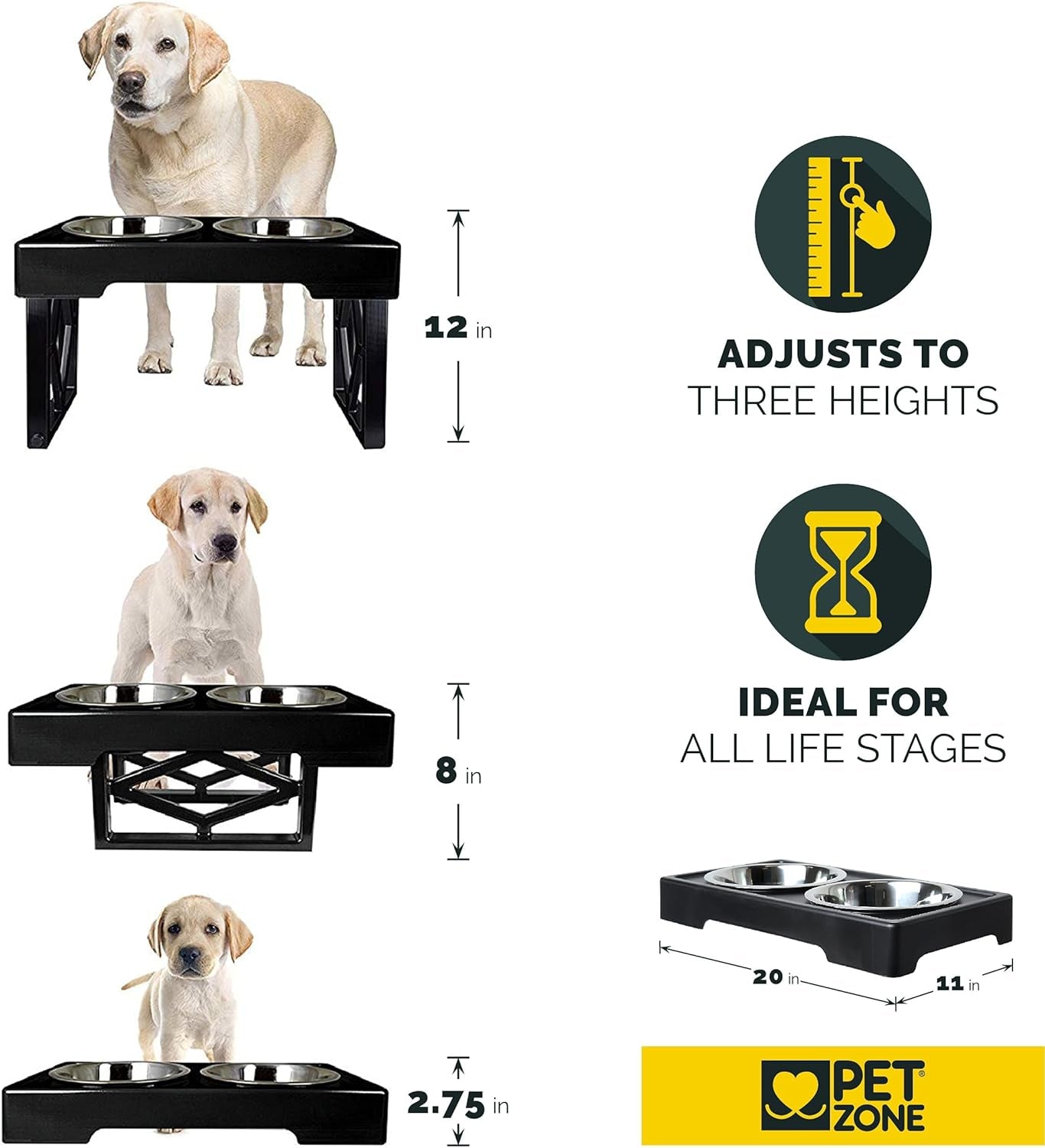 Elevated Dog Bowls Designer Diner 3 Height Adjustable Raised Dog Bowl Stand with 2 Stainless Steel Dog Bowls (7 Cup Capacity Each)