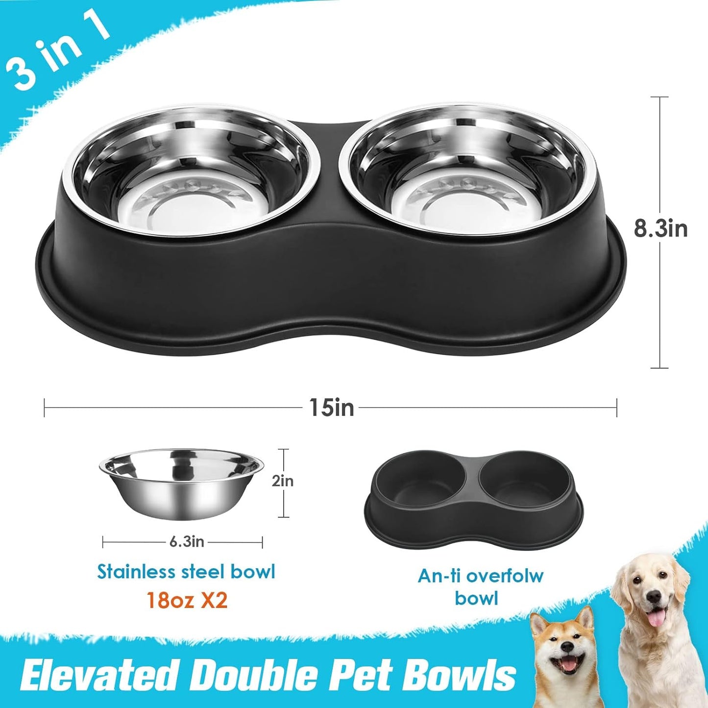 Dog Bowls Double Dog Water and Food Bowls Stainless Steel Bowls with Non-Slip Resin Station, Pet Feeder Bowls for Puppy Medium Dogs Cats