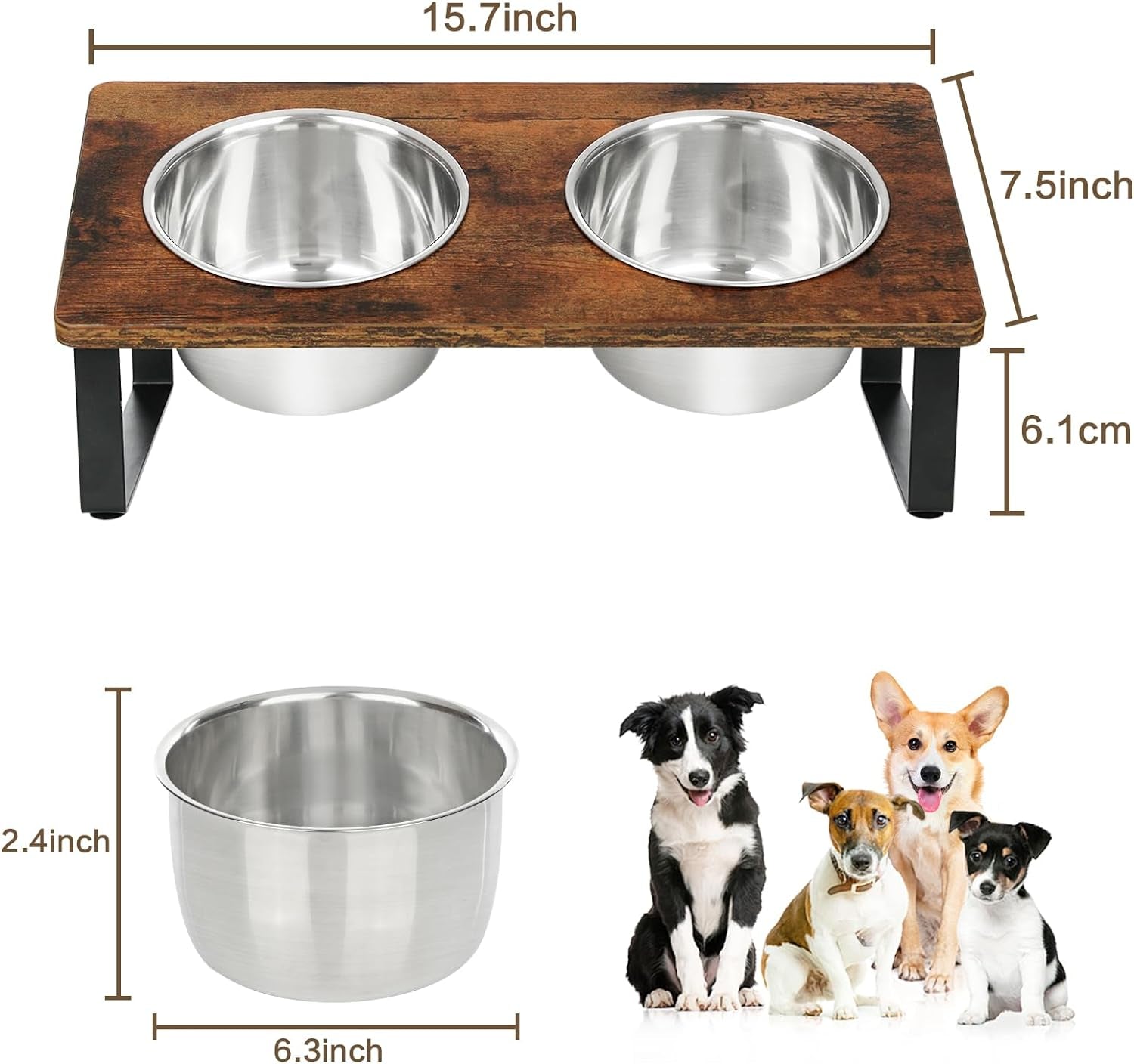 Elevated Dog Bowls for Small Medium Dogs, Wood Raised Dog Bowl Stand with 2 Stainless Steel Deep Bowls, Dog Food and Water Bowls, anti Vomit, Non-Slip Dogs Cats Feeding Dishes