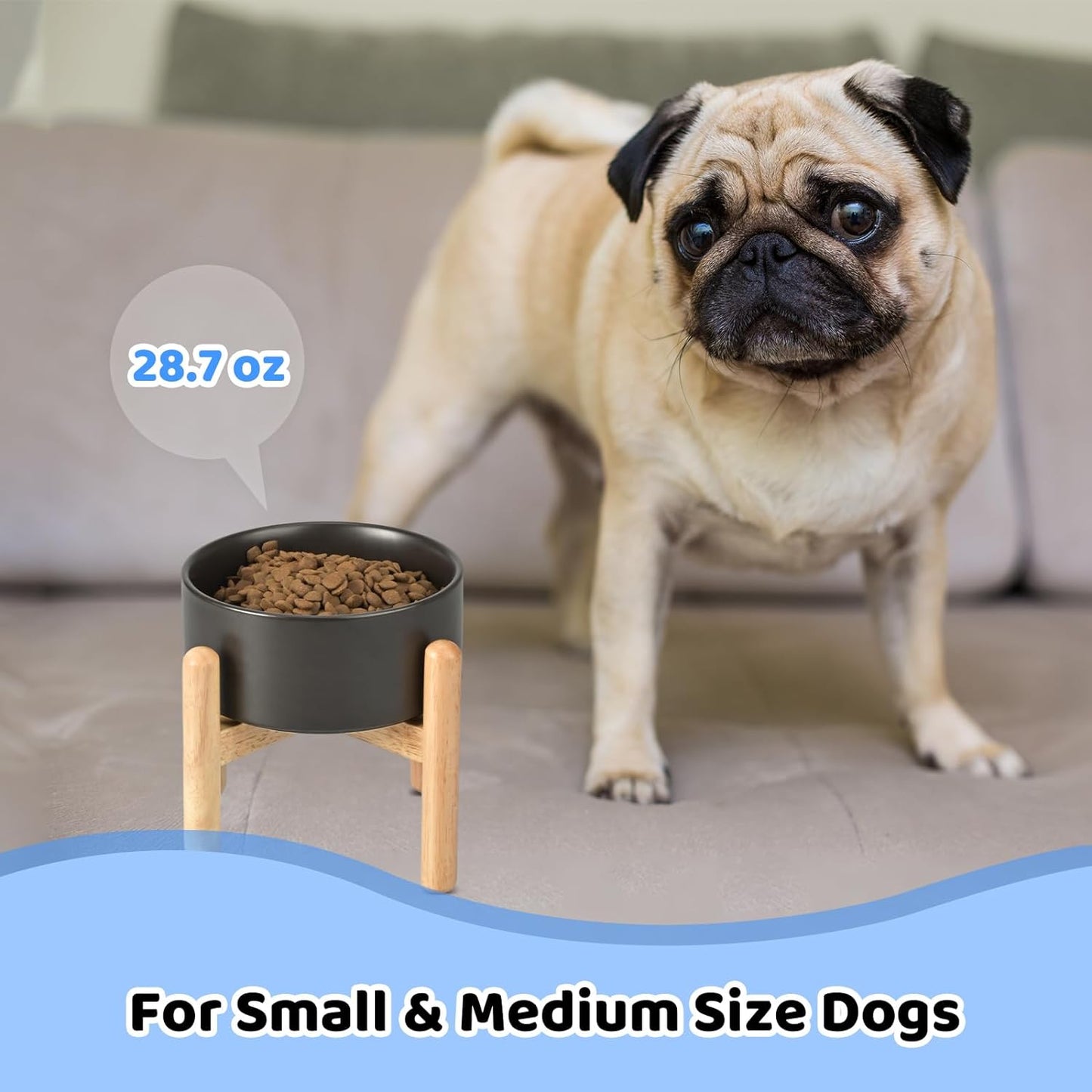 Ceramic Raised Dog Bowls with Wooden Stand Elevated Dog Bowl Food and Water Pet Feeding Bowl for Small and Medium Dog(Single 28.7OZ Bowl,Black)