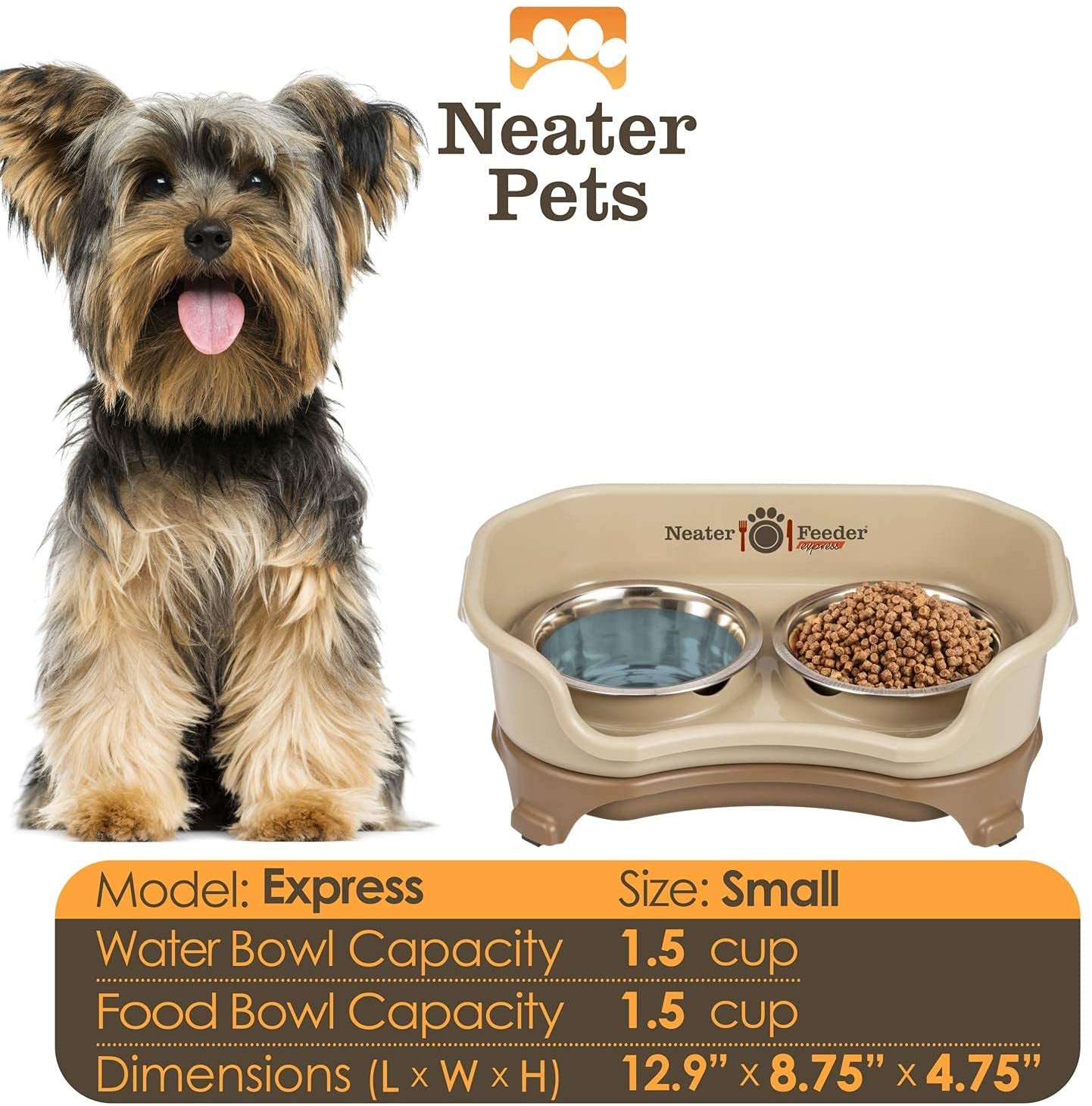 - Express Model - Mess-Proof Dog Bowls (Small, Cappuccino) – Made in USA – Elevated, No Spill, Non-Tip, Non-Slip, Raised Stainless Steel Food & Water Pet Bowls