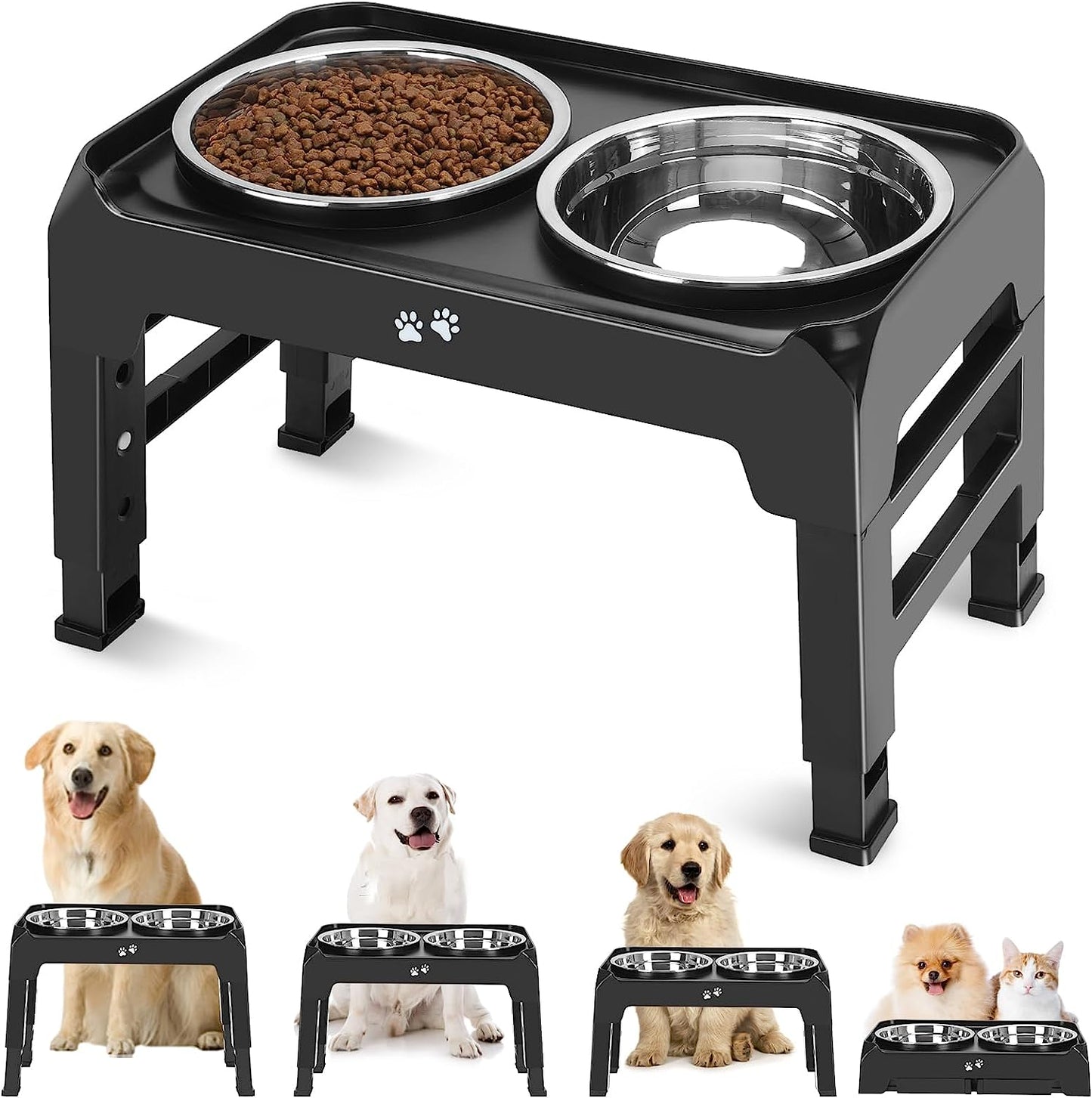 Elevated Dog Bowls, 4 Height Adjustable Raised Dog Bowl Stand with 2 Thick 50Oz Stainless Steel Dog Food Bowls Non-Slip Dog Feeder for Large Medium Dogs Adjusts to 3.7", 9.2", 10.75", 12.36" Black