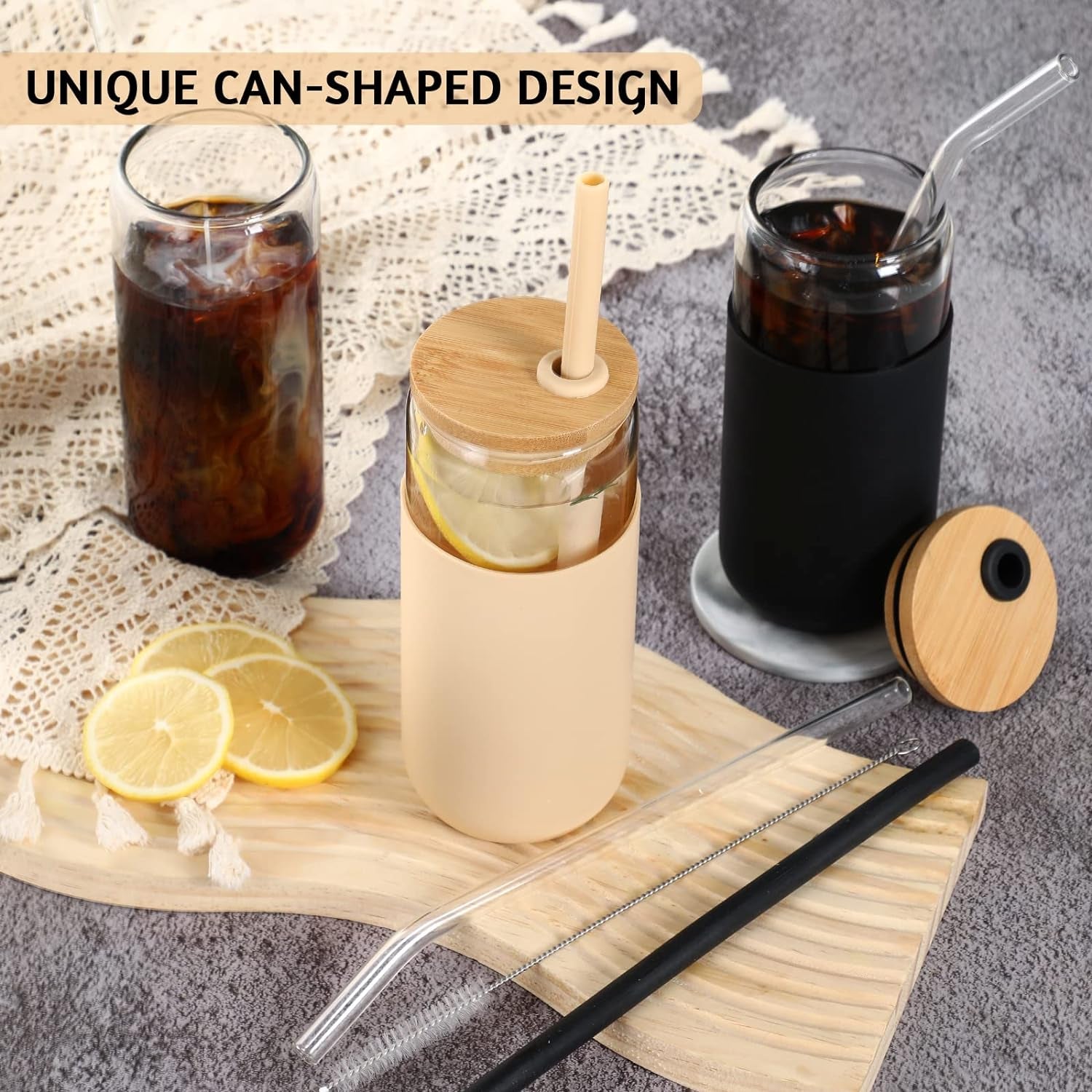 Glass Cups with Bamboo Lids and Straws