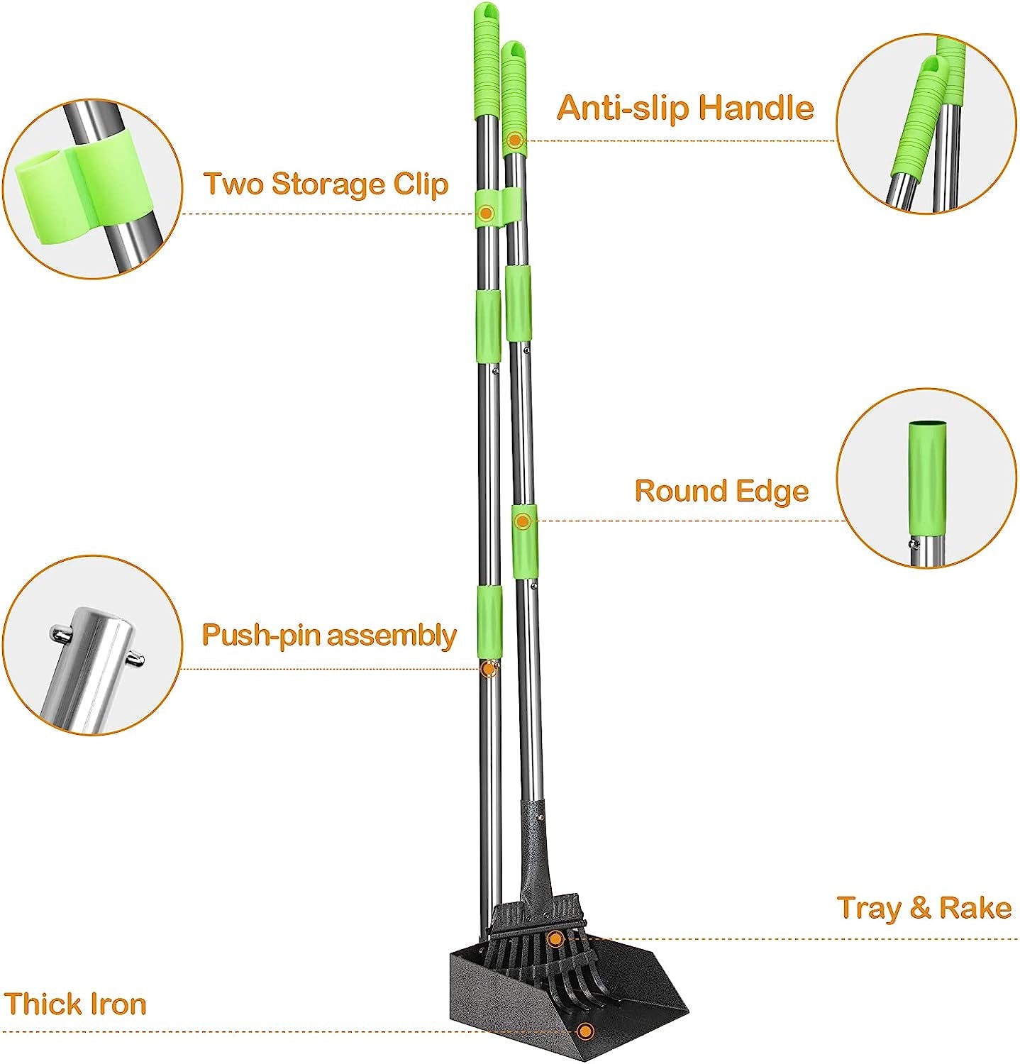 Dog Pooper Scooper Long Handle Stainless Metal Tray and Rake