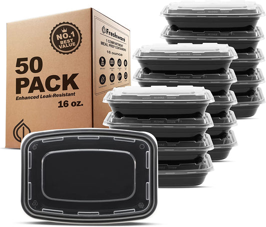 Meal Prep Containers [50 Pack] 1 Compartment Food Storage Containers  BPA Free, Microwave/Dishwasher/Freezer Safe (16 Oz)