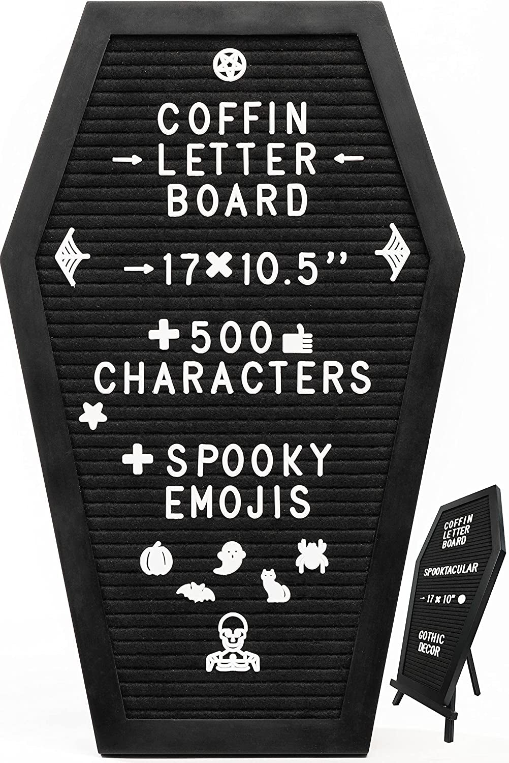 Coffin Letter Board Black with Spooky and All Seasons Emojis +500 Characters, and Wooden Stand - 17X10.5 Inches - Gothic Halloween Decor Spooky Gifts Decorations