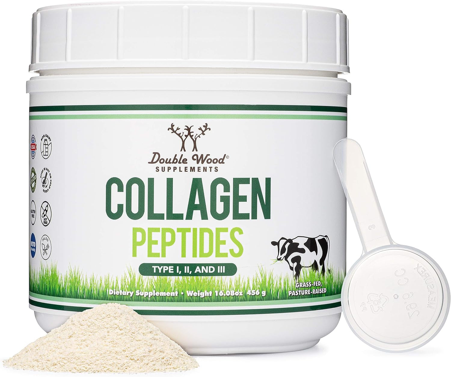 Collagen Peptides Powder - Hydrolyzed Collagen, Keto Safe - 16.08Oz - Multi Type 1, 2, and 3 (Grass Fed Bovine Source)(Colageno Hidrolizado) Collagen Supplements for Women and Men by Double Wood