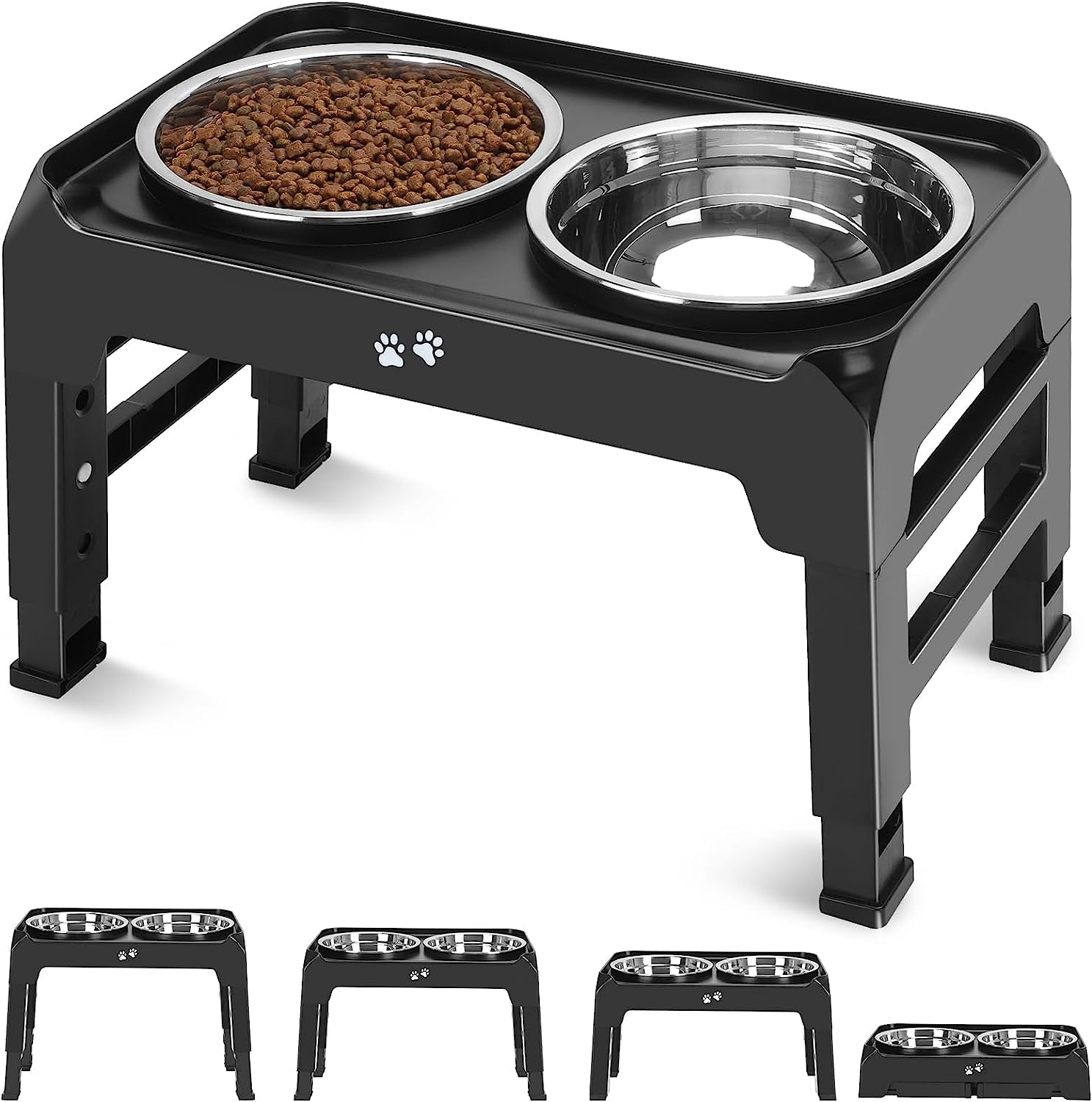 Elevated Dog Bowls, 4 Height Adjustable Raised Dog Bowl Stand with 2 Thick 50Oz Stainless Steel Dog Food Bowls Non-Slip Dog Feeder for Large Medium Dogs Adjusts to 3.7", 9.2", 10.75", 12.36" Black