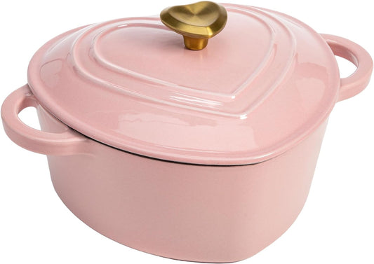 Enameled Cast Iron Dutch Oven Heart-Shaped Pot with Lid, Dual Handles, Works on All Stovetops, Oven Safe to 500°F, 2-Quart, Pink