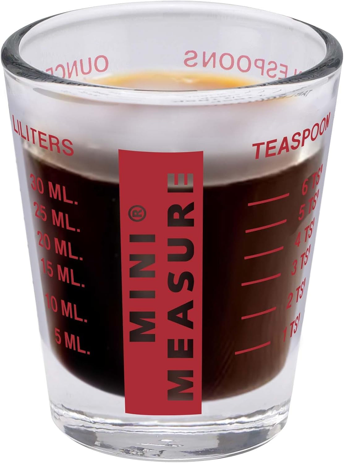 Mini Measure Heavy Glass, 20-Incremental Measurements Multi-Purpose Liquid and Dry Measuring Shot Glass, Red