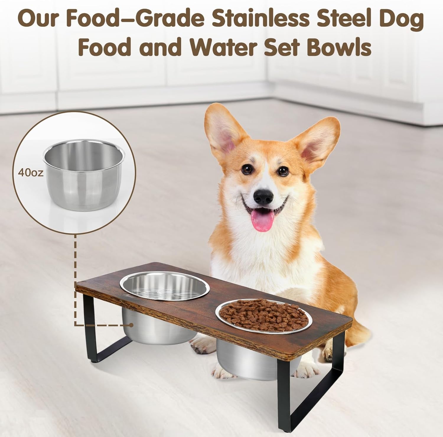 Elevated Dog Bowls for Small Medium Dogs, Wood Raised Dog Bowl Stand with 2 Stainless Steel Deep Bowls, Dog Food and Water Bowls, anti Vomit, Non-Slip Dogs Cats Feeding Dishes