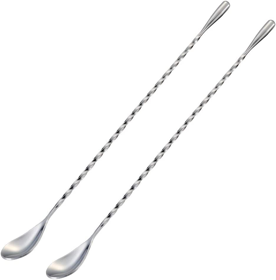 Bar Spoon Cocktail Mixing Stirrers for Drink, Stainless Steel 12 Inches Long Handle, Silver 2 Pieces