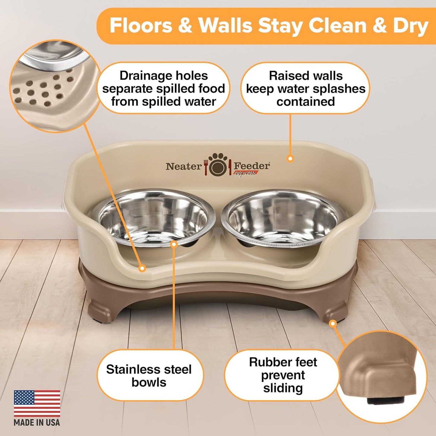 - Express Model - Mess-Proof Dog Bowls (Small, Cappuccino) – Made in USA – Elevated, No Spill, Non-Tip, Non-Slip, Raised Stainless Steel Food & Water Pet Bowls