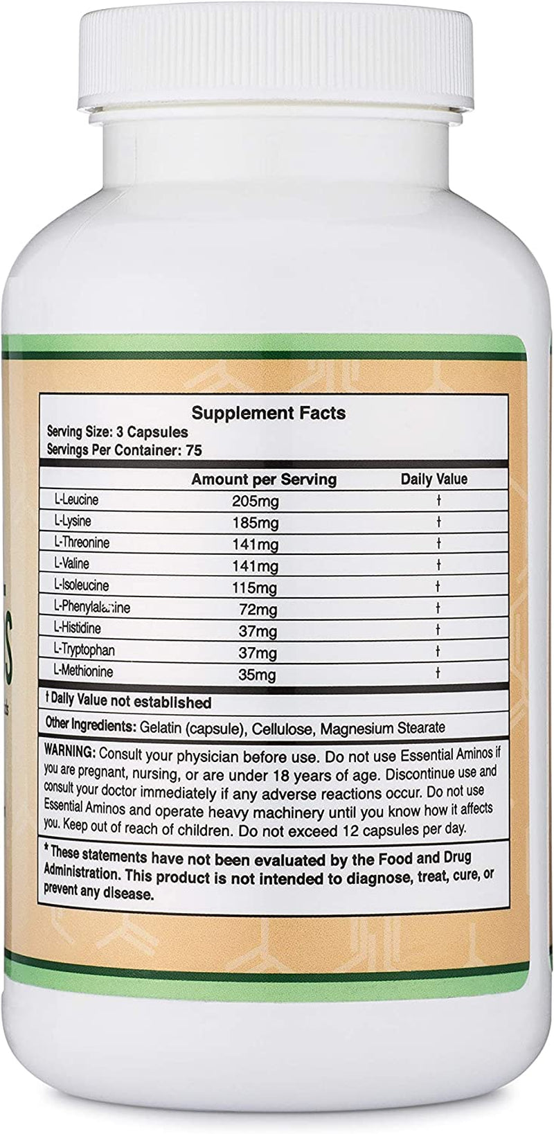 Essential Amino Acids - 1 Gram per Serving Powder Blend of All 9 Essential Aminos (EAA) and All Branched-Chain Aminos (Bcaas) (Leucine, Isoleucine, Valine) 225 Capsules, Gluten Free by Double Wood