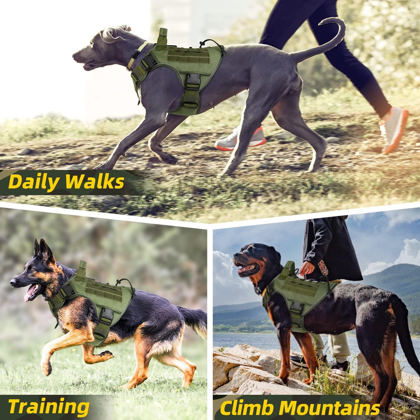 Green Harness with Handle Tactical Dog Harness for Large Dogs No Pull Adjustable Reflective K9 Military Dog Vest Harnesses with Easy Control Handle and Hook & Loop Pa(Xl)