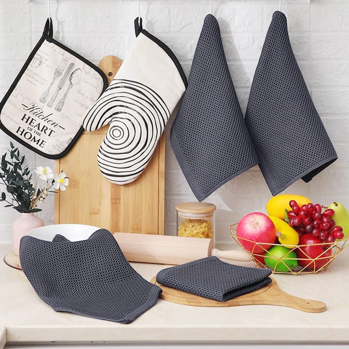 100% Cotton Waffle Weave Kitchen Dish Cloths, Ultra Soft Absorbent Quick Drying Dish Towels, 12X12 Inches, 6-Pack, Dark Grey